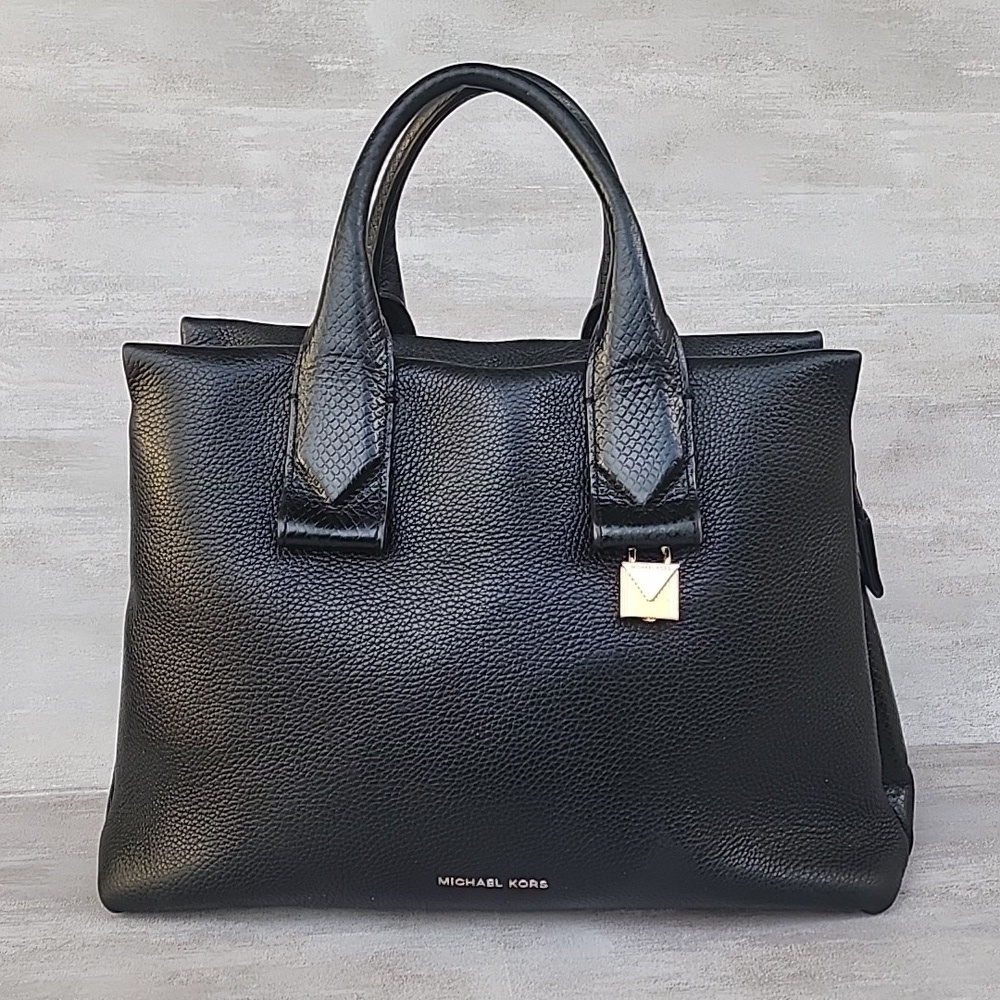 MICHAEL KORS ROLLINS SATCHEL BLACK SNAKESKIN EMBOSSED LEATHER